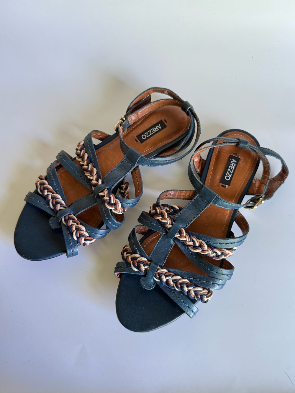 Arezzo Navy Leather Braided Strap Women's Sandals